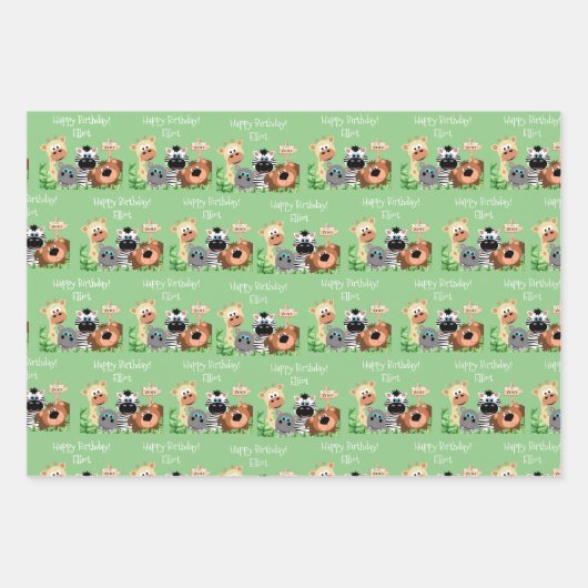 動物パーソナライズされた園誕生日緑の葉 ラッピングペーパーシート (正面)