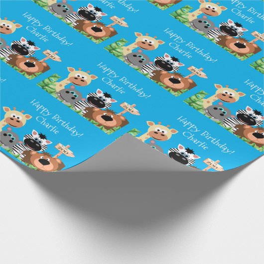 動物パーソナライズされた園誕生日緑の葉 ラッピングペーパー (角)