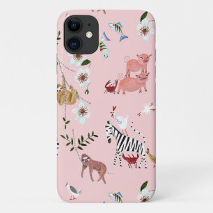 動物ピンクのナマケモノ&ゼブラかわいいパターン iPhone 11 ケース