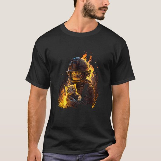 動物ファンのための猫消防士レスキュー デザイン Tシャツ (正面)