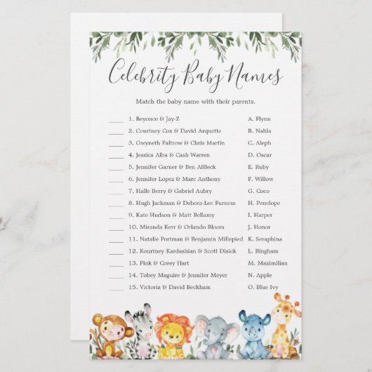動物ベビーシャワー有名人ベビーネームゲーム (正面/裏面)