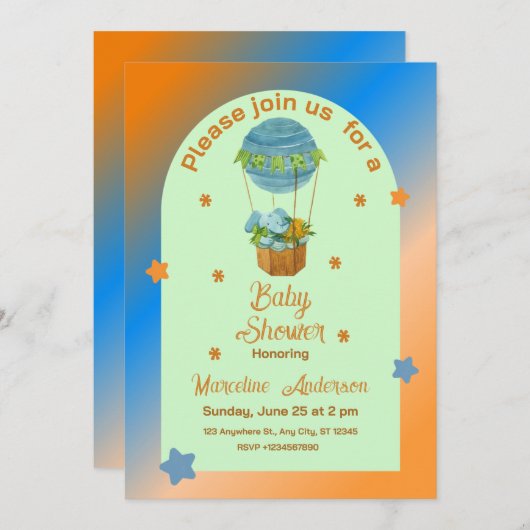 動物ホットエアバルーンバスケットボーイベビーシャワー 招待状 (正面/裏面)