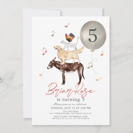 動物ミュージシャンおとぎ話キッド誕生日 招待状 (正面)