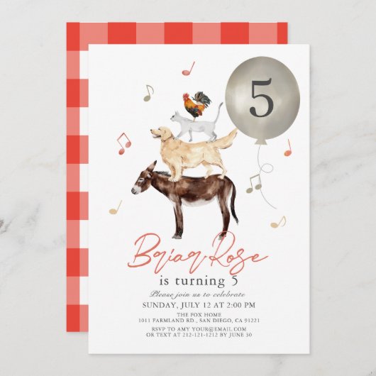 動物ミュージシャンおとぎ話キッド誕生日 招待状 (正面/裏面)