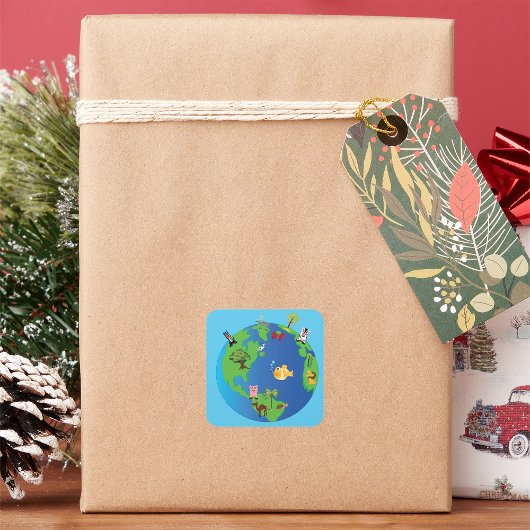 動物世界地図かわいい野生動物イラストレーション スクエアシール