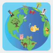 動物世界地図かわいい野生動物イラストレーション スクエアシール (正面)