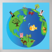 動物世界地図かわいい野生動物イラストレーション ポスター (正面)