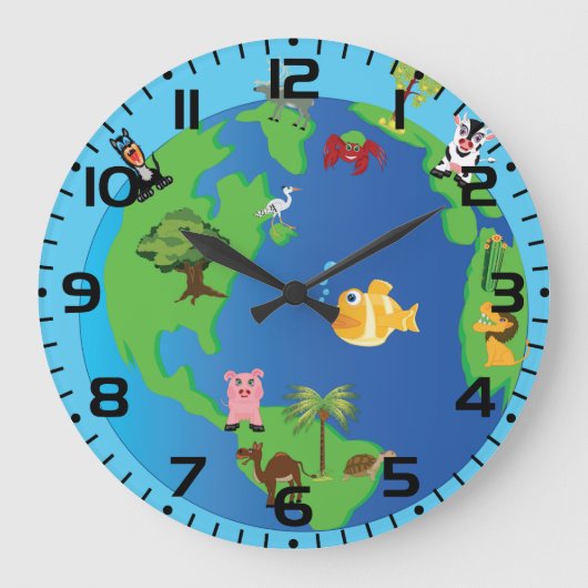 動物世界地図かわいい野生動物イラストレーション ラージ壁時計 (正面)