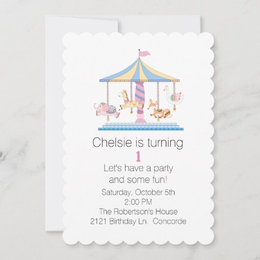 動物回転木馬バビーズファースト誕生日招待状 招待状 (正面)