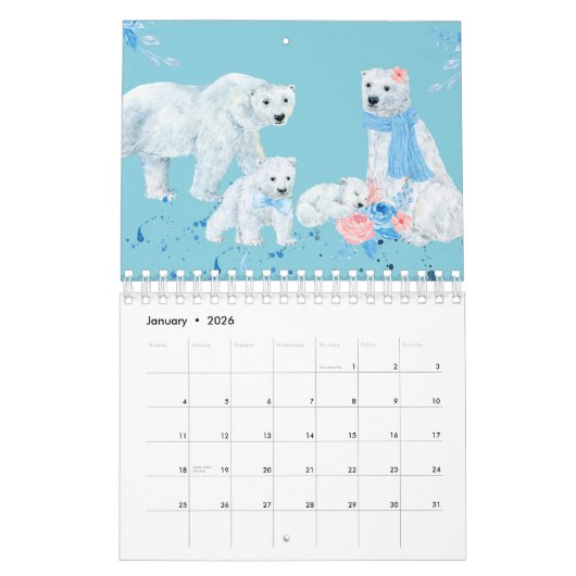 動物図解入りの、写真付きのの家族暦 カレンダー (1月 2026)