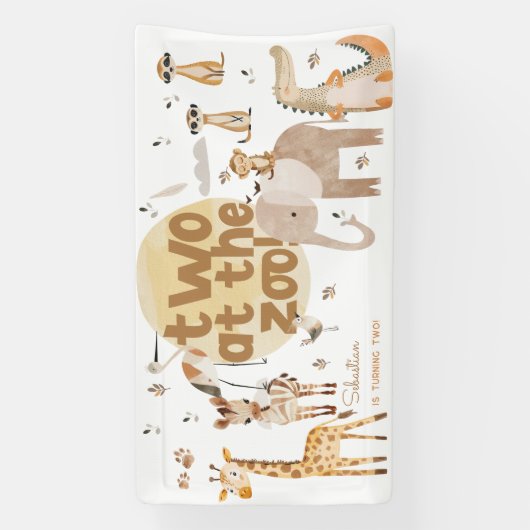 動物園のサファリ動物で2つ第2子供の誕生日 横断幕 (縦)