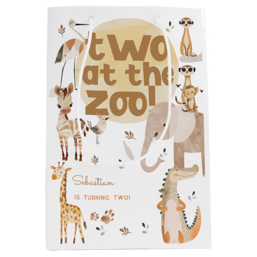 動物園のサファリ動物の子供たち2歳の誕生日に2人 ミディアムペーパーバッグ (正面)