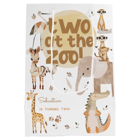 動物園のサファリ動物の子供たち2歳の誕生日に2人 ミディアムペーパーバッグ (裏面)
