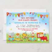 動物園のサファリ動物の誕生日パーティーの電車 招待状 (正面)