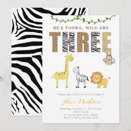 動物園のサファリ動物 3歳の誕生日パーティー 招待状