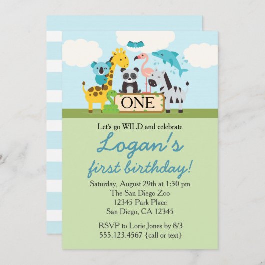 動物園のサファリ誕生日パーティーの招待 招待状 (正面/裏面)