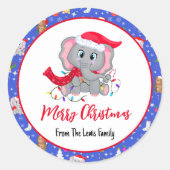 動物園のメリークリスマスを飾ったかわいいベビーゾウ ラウンドシール (正面)