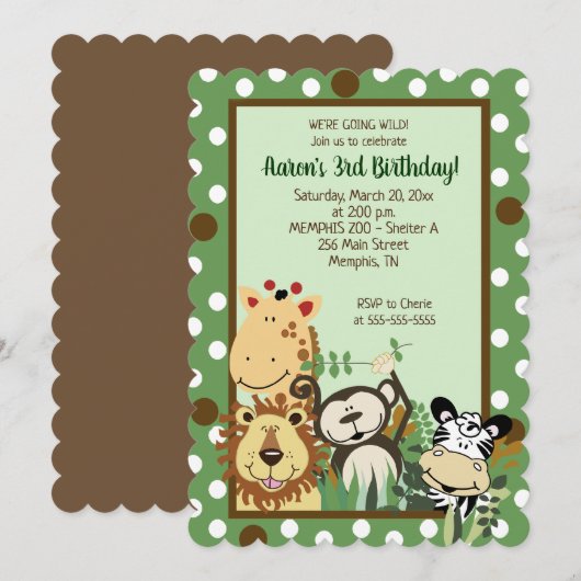 動物園の仲間たち ジャングル動物の誕生日招待状 ダイカット 招待状 (正面/裏面)