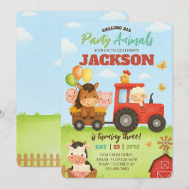 動物園の動物がお祝いする牧場の子供の誕生日 招待状
