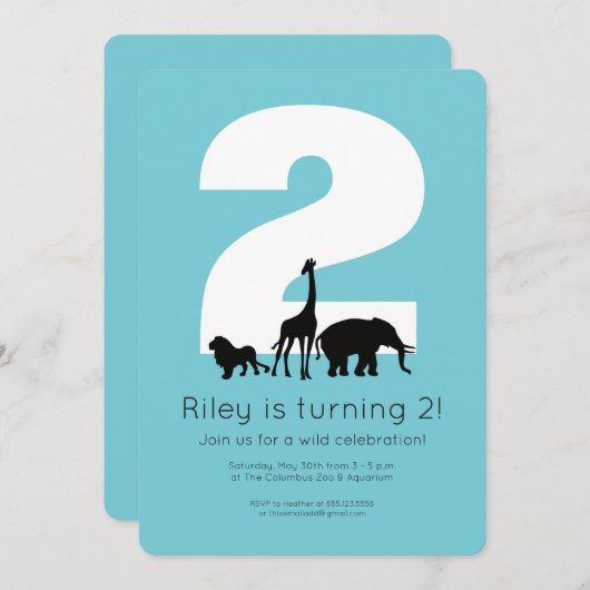動物園の動物のティール(緑がかった色)幼児の誕生日パーティーの招待 招待状 (正面/裏面)