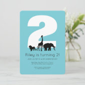 動物園の動物のティール（緑がかった色）幼児の誕生日パーティーの招待 招待状 (スタンド正面)