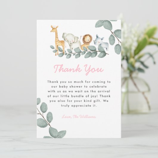 動物園の動物の女の子の赤ちゃんシャワーサンキューカード サンキューカード (スタンド正面)