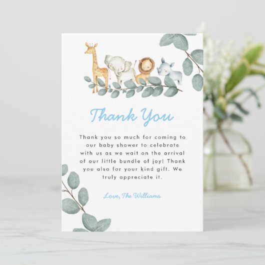 動物園の動物の少年の赤ちゃんシャワーサンキューカード サンキューカード (スタンド正面)