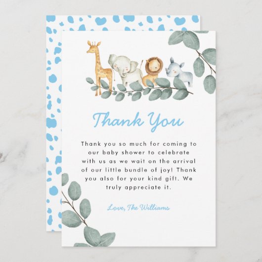 動物園の動物の少年の赤ちゃんシャワーサンキューカード サンキューカード (正面/裏面)