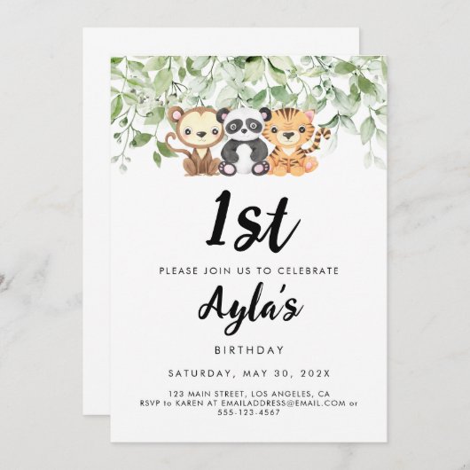 動物園の動物の最初の誕生日招待状 招待状 (正面/裏面)