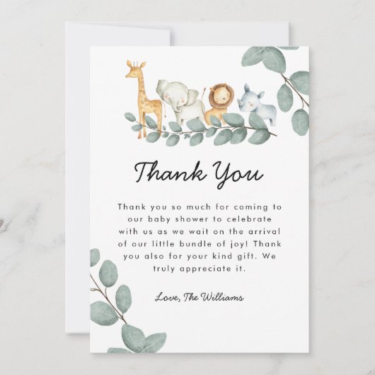 動物園の動物の赤ちゃんシャワー男女兼用 サンキューカード (正面)