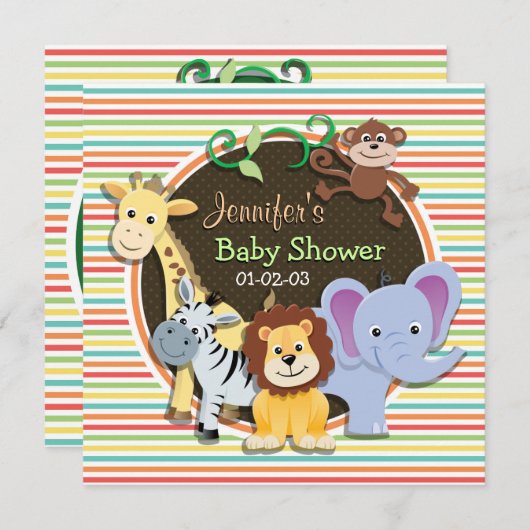 動物園の動物の赤ちゃんシャワー、明るい虹のストライプ 招待状 (正面/裏面)