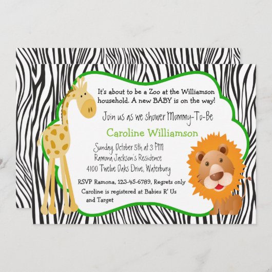 動物園の動物の赤男女兼用ちゃんシャワー 招待状 (正面/裏面)