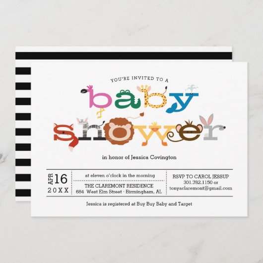 動物園の動物テーマベビーシャワー招待状 招待状 (正面/裏面)