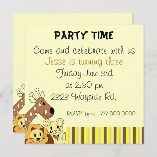動物園の動物パーティの招待状 招待状 (正面/裏面)