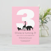 動物園の動物ピンクの子供の誕生日パーティー 招待状 (スタンド正面)