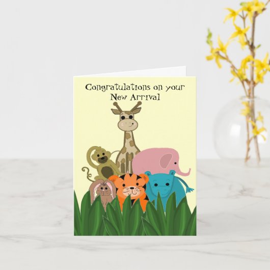 動物園の動物新生児おめでとう カード (黄色い花)