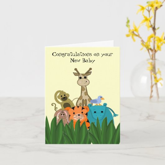 動物園の動物新生児おめでとう カード (黄色い花)