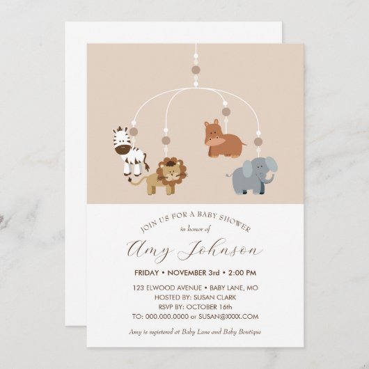 動物園の動物男女兼用の赤ちゃんシャワー招待状 招待状 (正面/裏面)