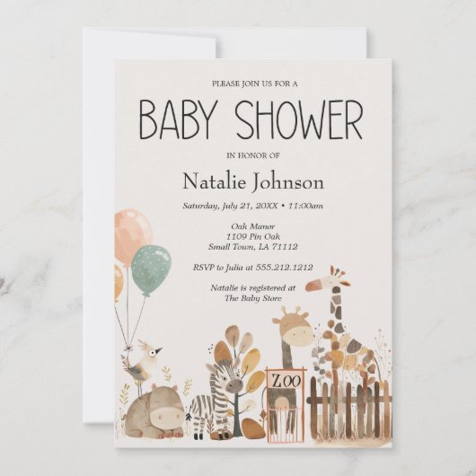 動物園の子供部屋動物の赤ちゃんシャワー 招待状 (正面)