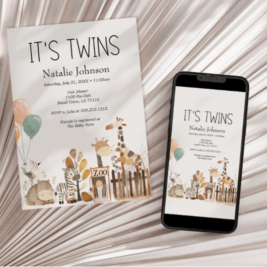 動物園の子供部屋動物双生児の赤ちゃんシャワー 招待状