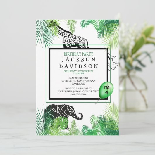 動物園の少年の誕生日パーティーの葉キリン象 招待状 (スタンド正面)