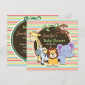 動物園の赤ちゃん歓迎会、明るい虹のストライプ 招待状 (正面/裏面)