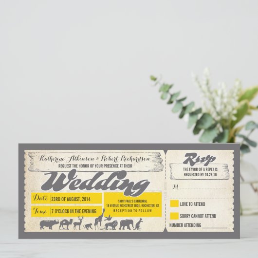 動物園の野性生物動物の結婚式招待状のチケット 招待状 (スタンド正面)