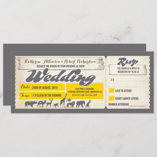 動物園の野性生物動物の結婚式招待状のチケット 招待状 (正面/裏面)