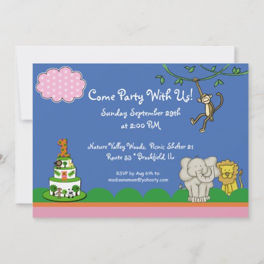 動物園のFunniesの女の子の最初誕生日の写真 招待状 (裏面)