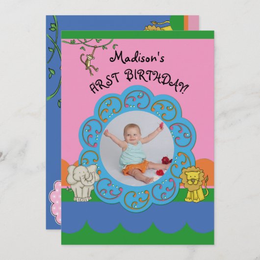 動物園のFunniesの女の子の最初誕生日の写真 招待状 (正面/裏面)