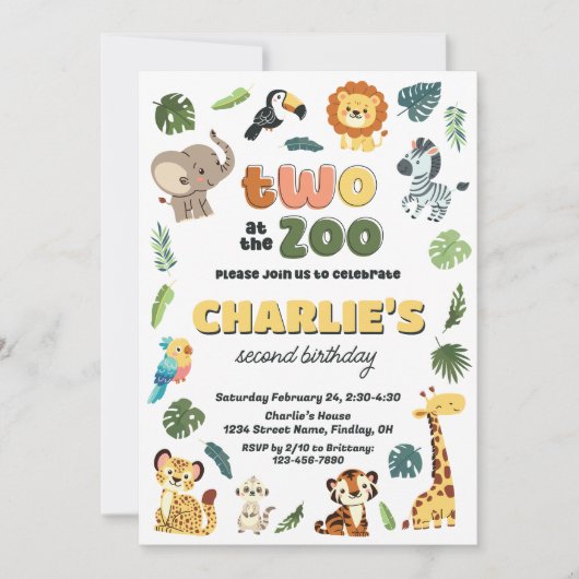 動物園アニマルサファリの誕生日パーティーで2人 招待状 (正面)