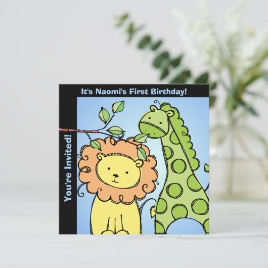動物園アニマルズキレーフライオン誕生日カスタム招待状 招待状 (スタンド正面)
