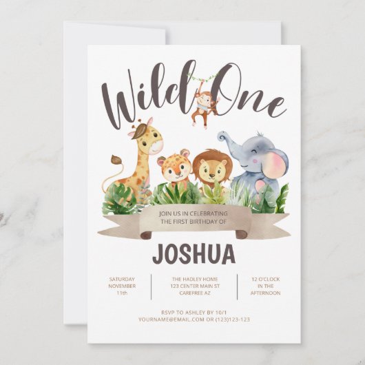 動物園アニマルズワイルドワン誕生日招待状 招待状 (正面)