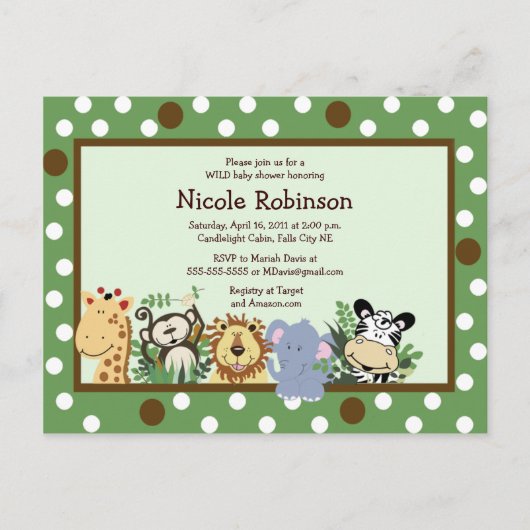 動物園クルーのジャングル動物の赤ちゃんシャワーポストカード インビテーションポストカード (正面)